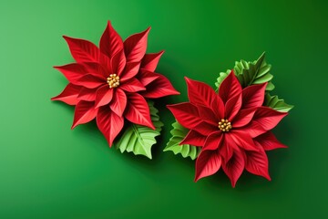 New year top view flat lay cookies on green background with poinsettia flowers. AI Generative