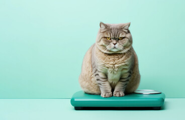 Weight monitoring concept. Overweight cat standing on weight scales. AI generative - obrazy, fototapety, plakaty