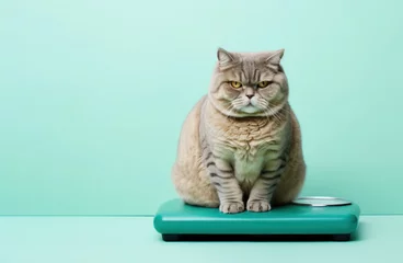 Poster Weight monitoring concept. Overweight cat standing on weight scales. AI generative © paffy