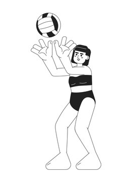 Girl volleyball player passing volley ball monochromatic flat vector character. Swimsuit woman beach. Editable thin line full body person on white. Simple bw cartoon spot image for web graphic design