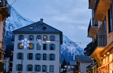 Chamonix, France: Night view of city center of Chamonix-Mont-Blanc. This commune in the...