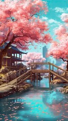 A serene Japanese garden with a pond, cherry blossom trees, and a traditional wooden bridge. Colorful illustration art. Generative AI