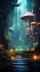 A mystical forest with towering trees, glowing mushrooms, and a mystical aura. Colorful illustration art. Generative AI