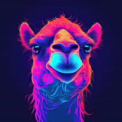 Cute Camel animal in neon style. Portrait of glow light animal. Generative AI