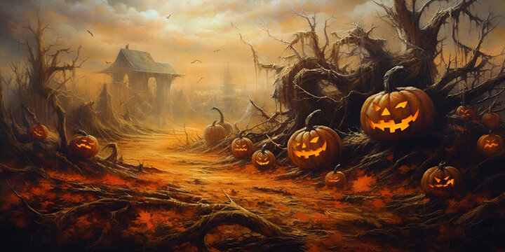 Halloween background with pumpkins and haunted house. 