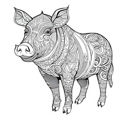 Pig animal line art illustration. Black and white coloring page style art. Generative AI