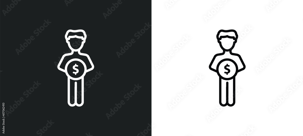 Poster man saving money line icon in white and black colors. man saving money flat vector icon from man sav
