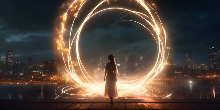 A full length woman standing in front of perfect light circle in the city at night