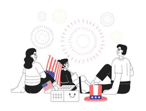 Independence day family fireworks monochrome vector spot illustration. Mixed race couple with kid on fourth of july picnic 2D flat bw cartoon characters for web UI design. Isolated editable hero image