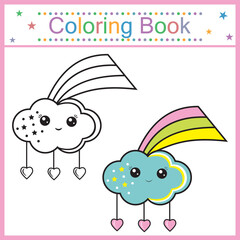 coloring book for kids cloud with rainbow kawaii, vector isolated illustration