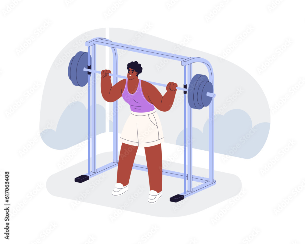 Poster person doing smith machine squat with weights on bar, lifting barbell. strong woman training during 