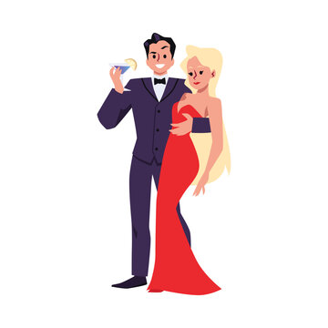 Elegant man in suit with glass hugging sexy blonde woman in red dress, Cartoon vector isolated illustration of secret agents team