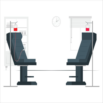 Modern Equipment And Med Chairs In Rows At Blood Donation Center, Bed For Blood Donation Or Patient In Hospital. A Set Of New Blue Chairs Is Installed In A Blood Donation Station.