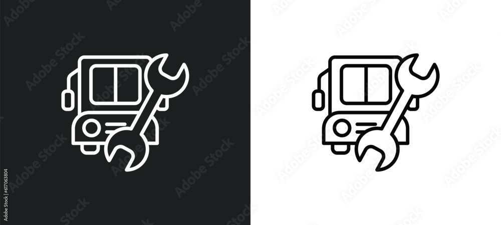Aufkleber repairing bus line icon in white and black colors. repairing bus flat vector icon from repairing bus