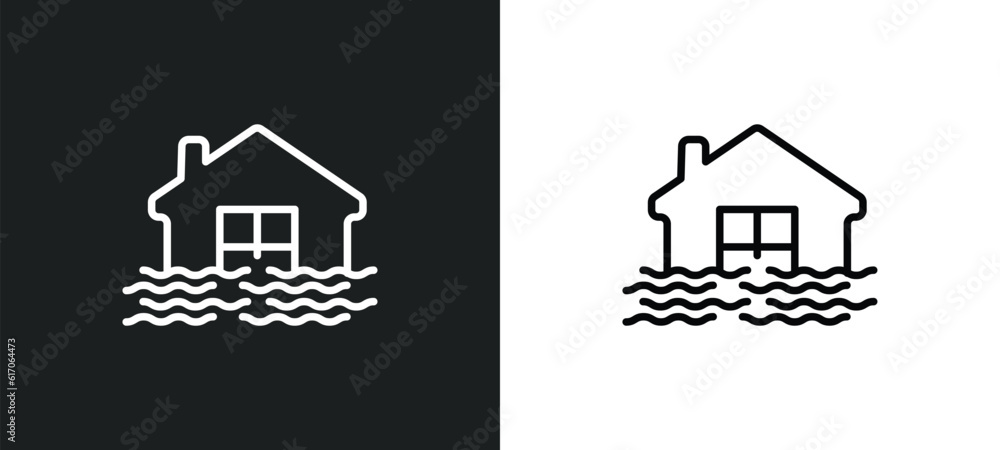 Poster flooded house line icon in white and black colors. flooded house flat vector icon from flooded house