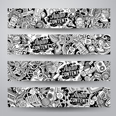 Vector illustration with 4 horizontal banners with Storytelling theme sketchy doodles. Templates capture the essence of Audio content through playful cartoon symbols