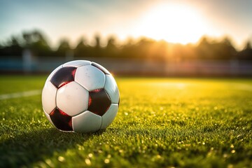 Fototapeta premium Super realistic photo of a new soccer ball on the grass of a soccer stadium at sunset,Generative AI