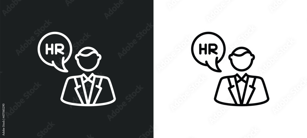 Poster hr manager line icon in white and black colors. hr manager flat vector icon from hr manager collecti