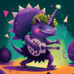 Happy and whimsical childrens book illustration of a cute black triceratops dinosaur with bright purple horns in a purple tutu dancing to rock and roll music and playing the tambourine Childrens 