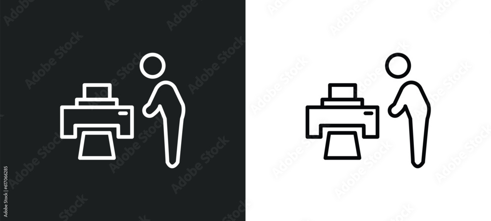 Poster man printing line icon in white and black colors. man printing flat vector icon from man printing co