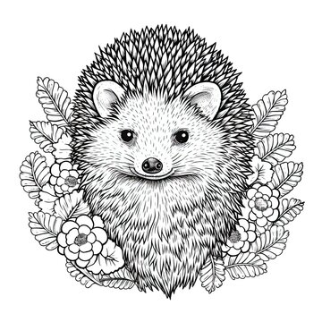recommend clip art: Hedgehog animal line art illustration. Black and white coloring page style art. Generative AI