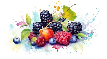 Watercolor style Blackberry fruit in colorful style illustration. Natural food painting art. Generative AI