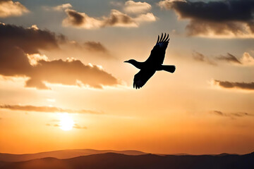 Fototapeta na wymiar Silhouette of a bird flying over the sunset sky background made with Generative AI