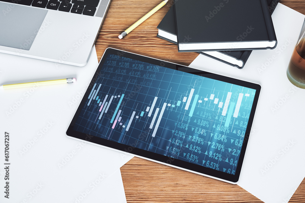 Poster modern digital tablet monitor with abstract creative financial chart, research and analytics concept