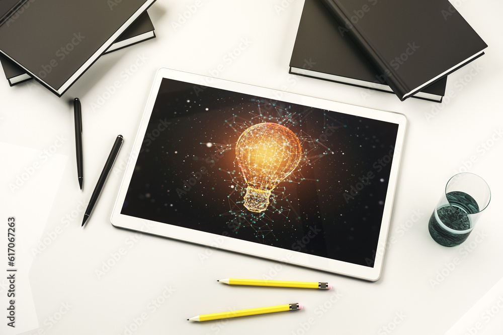 Poster Creative idea concept with light bulb illustration on modern digital tablet screen. Top view. 3D Rendering