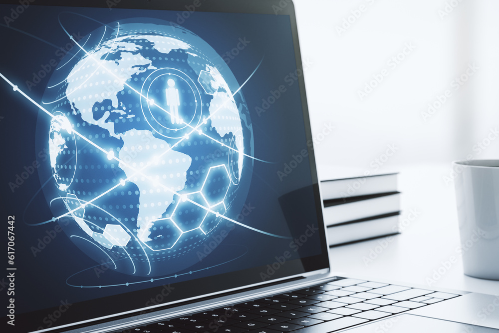 Aufkleber social network concept with world map on modern laptop screen. 3d rendering