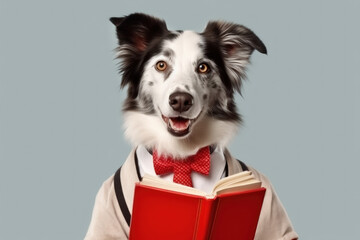 Border Collie dressed in white shirt and bow tie holding a book. Ai generative