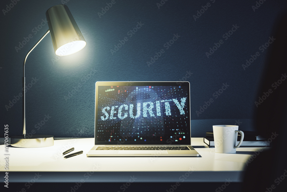 Poster cyber security creative concept on modern laptop monitor. 3d rendering