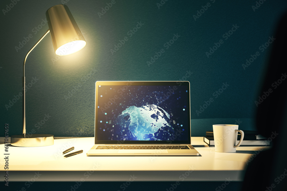 Poster modern computer screen with abstract creative coding sketch and world map, artificial intelligence a