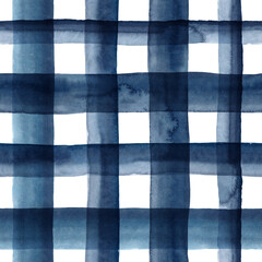 Watercolor plaid in dark navy blue. Seamless pattern. 