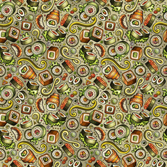 Cartoon cute hand drawn Japan food seamless pattern