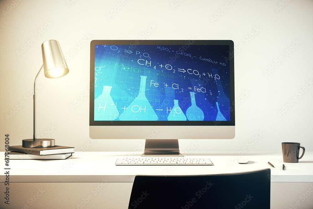Poster creative chemistry illustration on modern computer monitor, science and research concept. 3d renderi