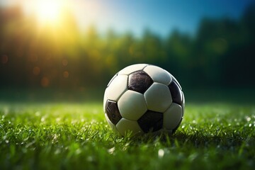 Fototapeta na wymiar Super realistic photo of a new soccer ball on the grass of a soccer stadium at sunset,Generative AI