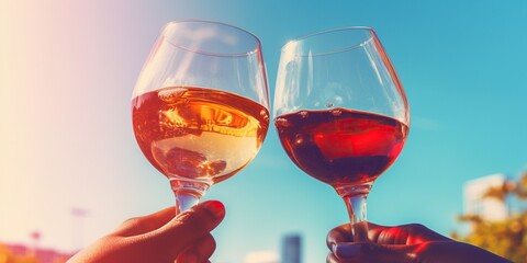 Hands clinking glasses with wine on a sunny day, concept of Cheers, created with Generative AI technology