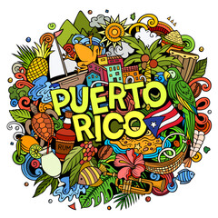 Puerto Rico cartoon doodle illustration. Funny Puerto-Rican design. Creative vector background with Caribbean country elements and objects. Colorful composition