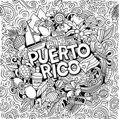 Puerto Rico cartoon doodle illustration. Funny Puerto-Rican design. Creative vector background with Caribbean country elements and objects. Colorful composition
