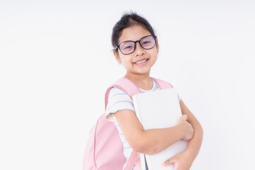 Asia kids girl smile happiness wearing glasses with a pink backpack learn at school isolated on white background with copy space. Concepts back to school, learning, education.