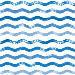 Seamless Wave Pattern, Hand drawn water sea vector background. Wavy beach print, curly grunge paint lines, watercolor illustration