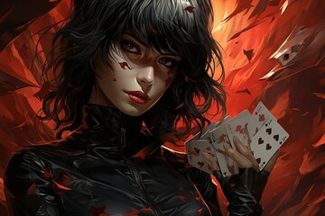 Woman Card Shark's Vision, stakes poker, skilled, eyes detail, anime style illustration generative ai - obrazy, fototapety, plakaty