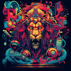 Vector style illustration of a lion with intricate illustrative details in bold colors. Illustration related to rock and heavy music. Concept illustration for t-shirts.