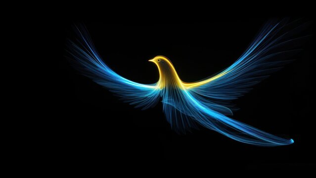yellow and blue dove in light flight, neon light, as a symbol of Ukraine peace and freedom, on dark background. peace and freedom concept .....