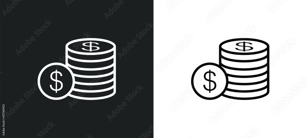 Poster stacks of coins line icon in white and black colors. stacks of coins flat vector icon from stacks of