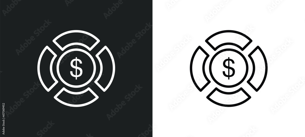 Poster pie chart with dollar line icon in white and black colors. pie chart with dollar flat vector icon fr