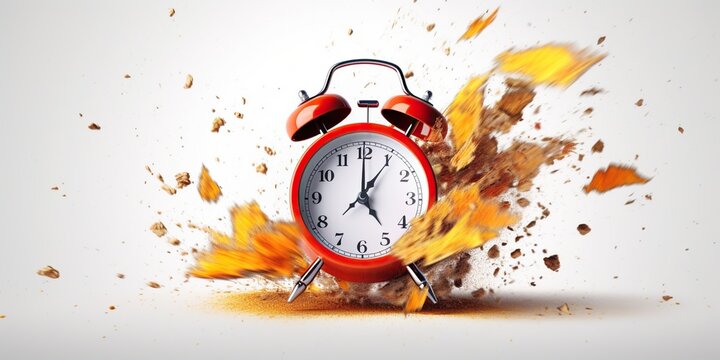 Exploding alarm clock on white background, concept of Time management, created with Generative AI technology
