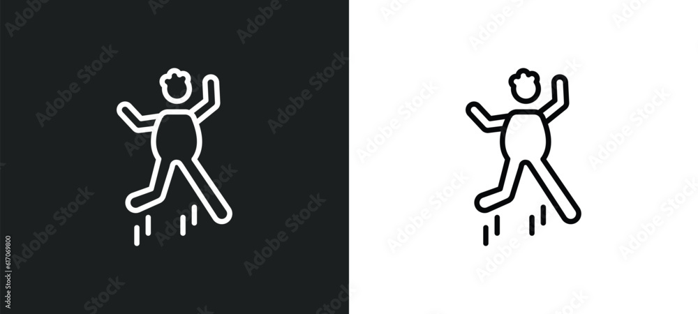 Poster stick man jumping line icon in white and black colors. stick man jumping flat vector icon from stick