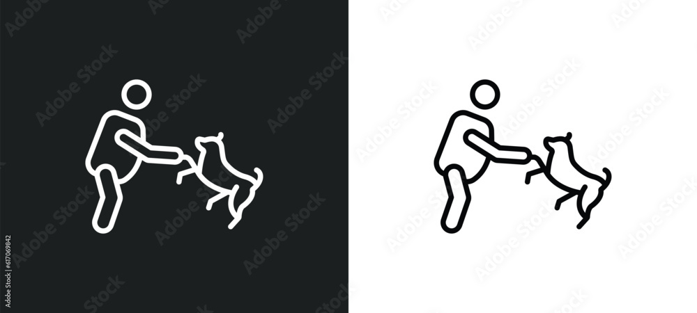 Poster man and dog line icon in white and black colors. man and dog flat vector icon from man dog collectio